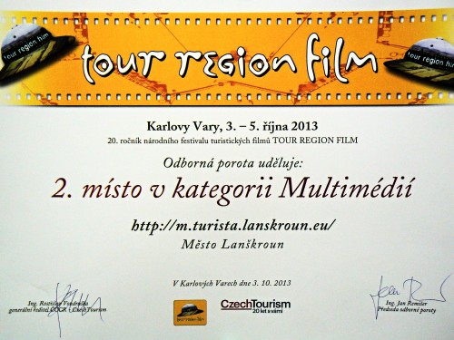Diplom za 2.místo v soutěži Tour region film 2013 pro město Lanškroun.