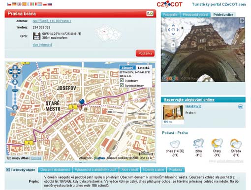 Prezentace Prašné brány na turistickém portálu CZeCOT.com s přepnutým pohledem z ulice