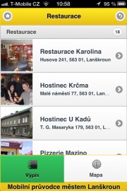 Výpis objektů v průvodce s možností jejich zákresu na mapě.