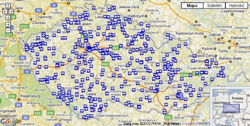 Mapa zaznačující hustotu reportáží Toulavé kamery na území ČR.