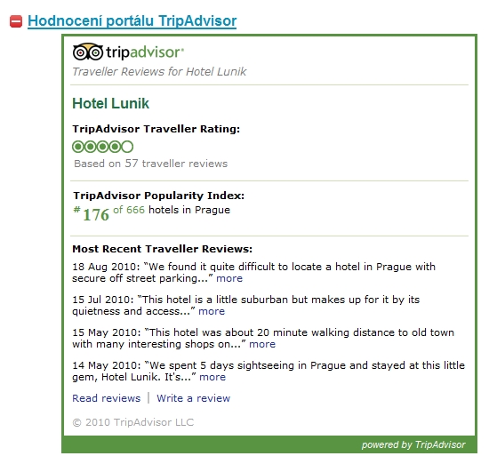 Hodnocení portálu Tripadvisor Hotely Luník.